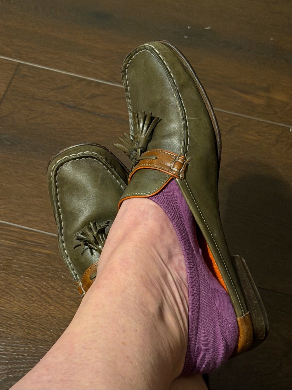 Cole Haan Olive Green Leather Tassel Backless Loafers with Brown/Orange Trim - Picture 4 of 8